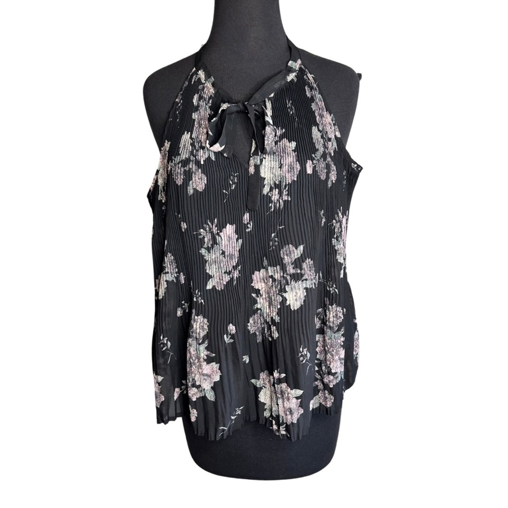 Maurices Dark Floral Print Pleated Front Tie Front Halter Top | large
